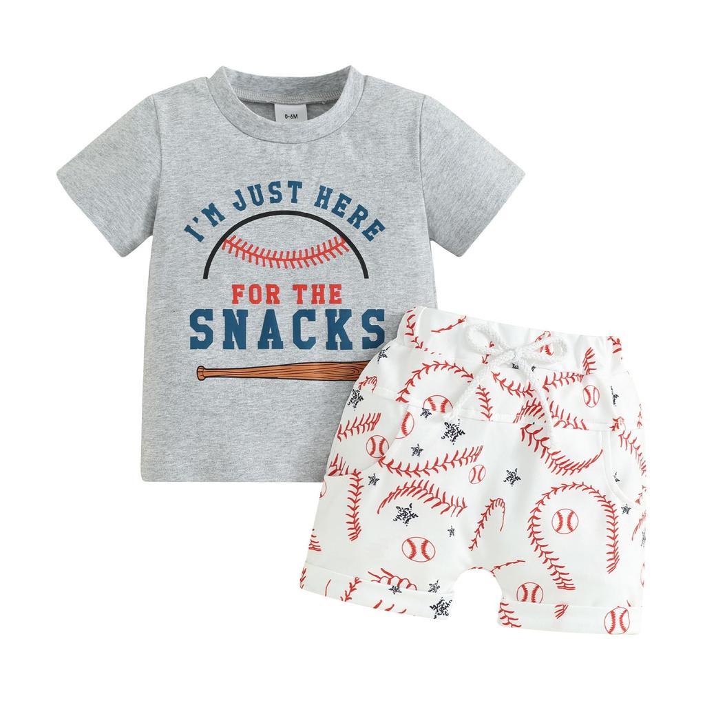 Småbarn gutteshortssett 3 6 12 18 24 måneder 3 år Brevtrykk Kortermet T-skjorte med rund hals og baseballmønster Shorts 2 stk.