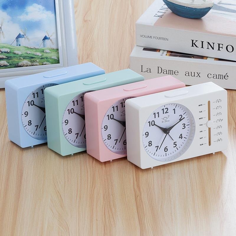 Small Alarm Clock Week Alarm Clock Square Quartz Table Clock Scanning Silent Pointer Clock Student Clock