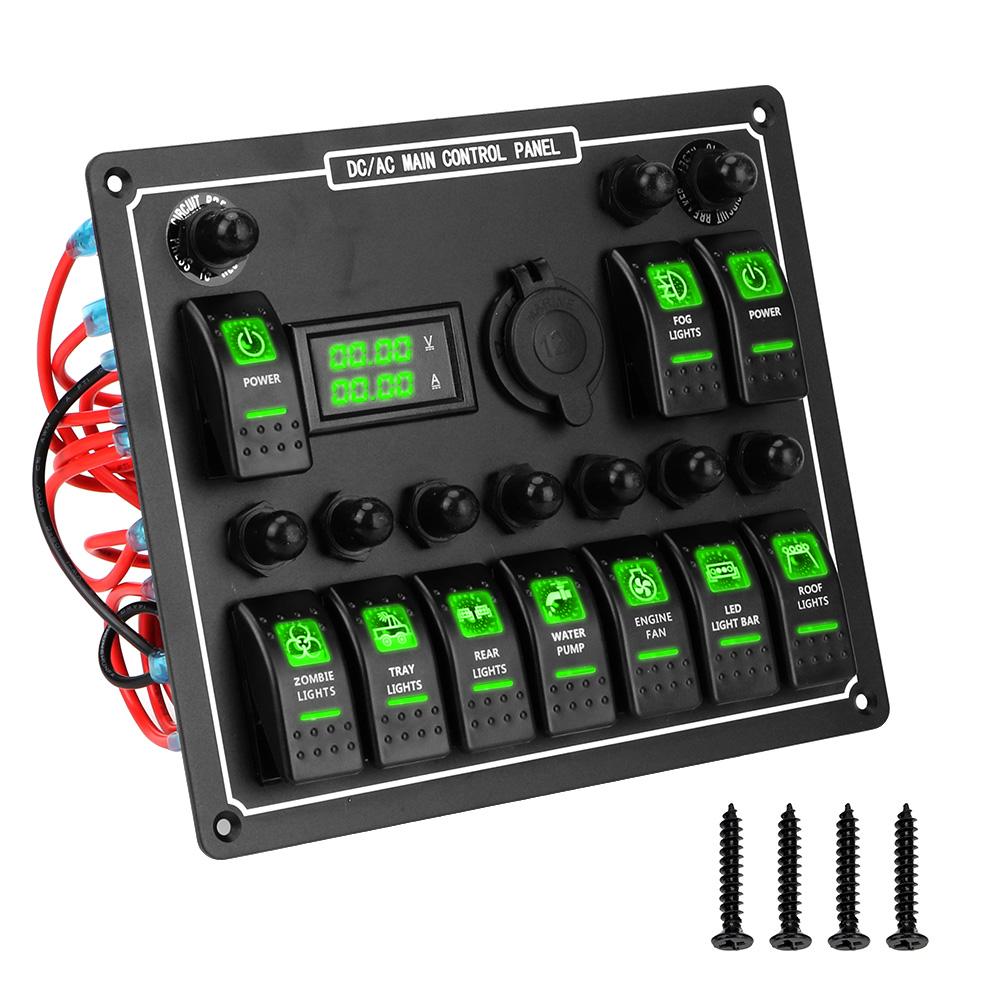 6/10 Gang 15A LED Toggle Rocker Switch Panel Outlet Combination Dual Power Control Overload Protection Car Auto Marine RV Ship