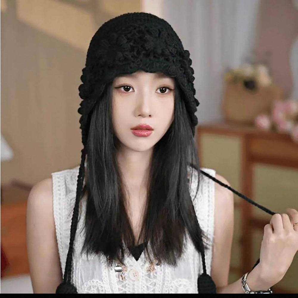 Ladies' Hats New Hand-Knitted Floral Braid Knit Hat for Women Retro Warm and Stylish Fringe Hat Trendy