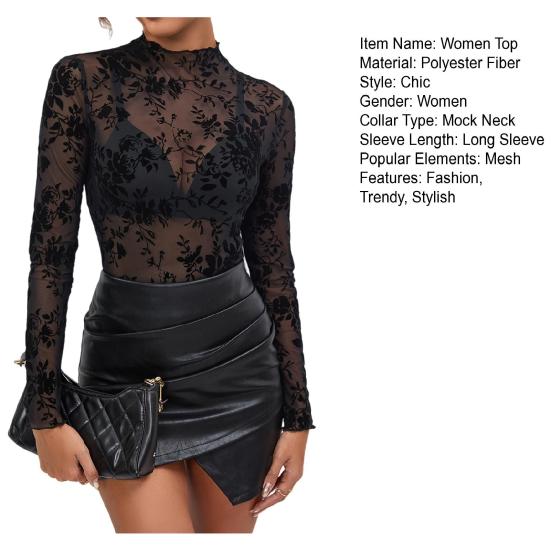 Women's Long Sleeve Mesh Top Mock Neck Floral Sheer See Through Shirt Sexy Party Club Night Going Out Blouse