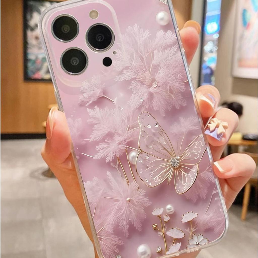 Light Pink Butterfly Drop-Proof Transparent Case for iPhone 14/15/16/17 Pro Max Series