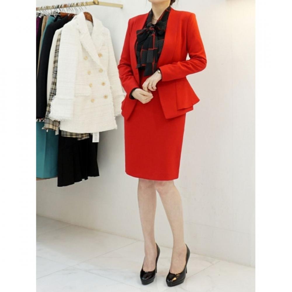 Style Latte Women Peplum No Collar Jacket Span Skirt Suit Set