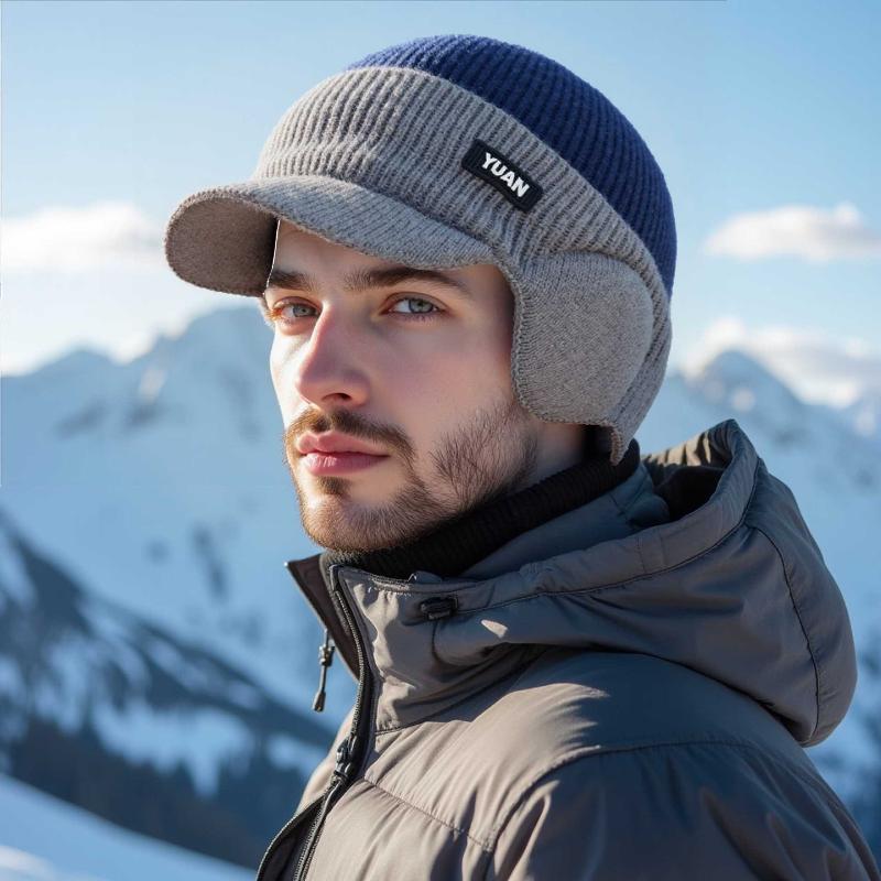Mens Warm Knitted Winter Hat With Ear Flaps And Visor For Skiing Hiking Camping Cold Weather Outdoor Activities