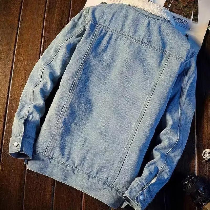 Winter Fleece Denim Jacket Men's Thick Warm Lamb Fleece Denim Jacket Autumn and Winter Loose Plus Size