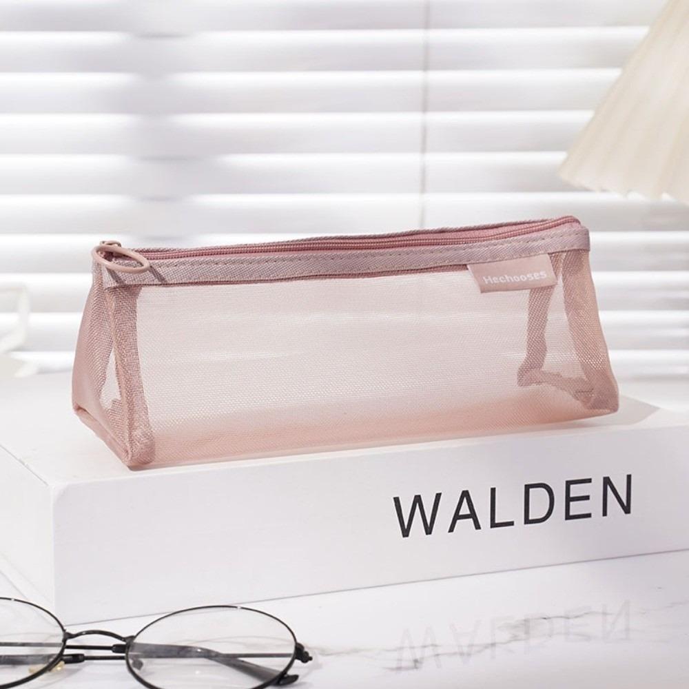 Stylish Nylon Mesh Pencil Case Solid Color with Zipper Stationery Bag Large Capacity Storage Bag Multi-Purpose Use