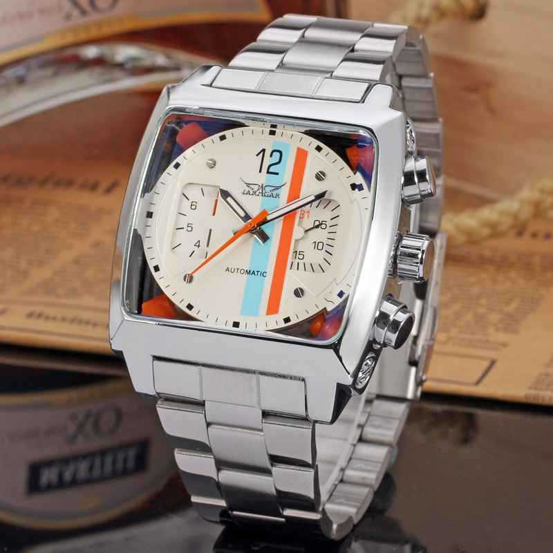 569 Orologi Meccanici Automatici da Uomo Design Retro Moda Data Giorno Impermeabile Cinturino in Acciaio Quadrante Quadrato Orologio da Polso da Uomo
