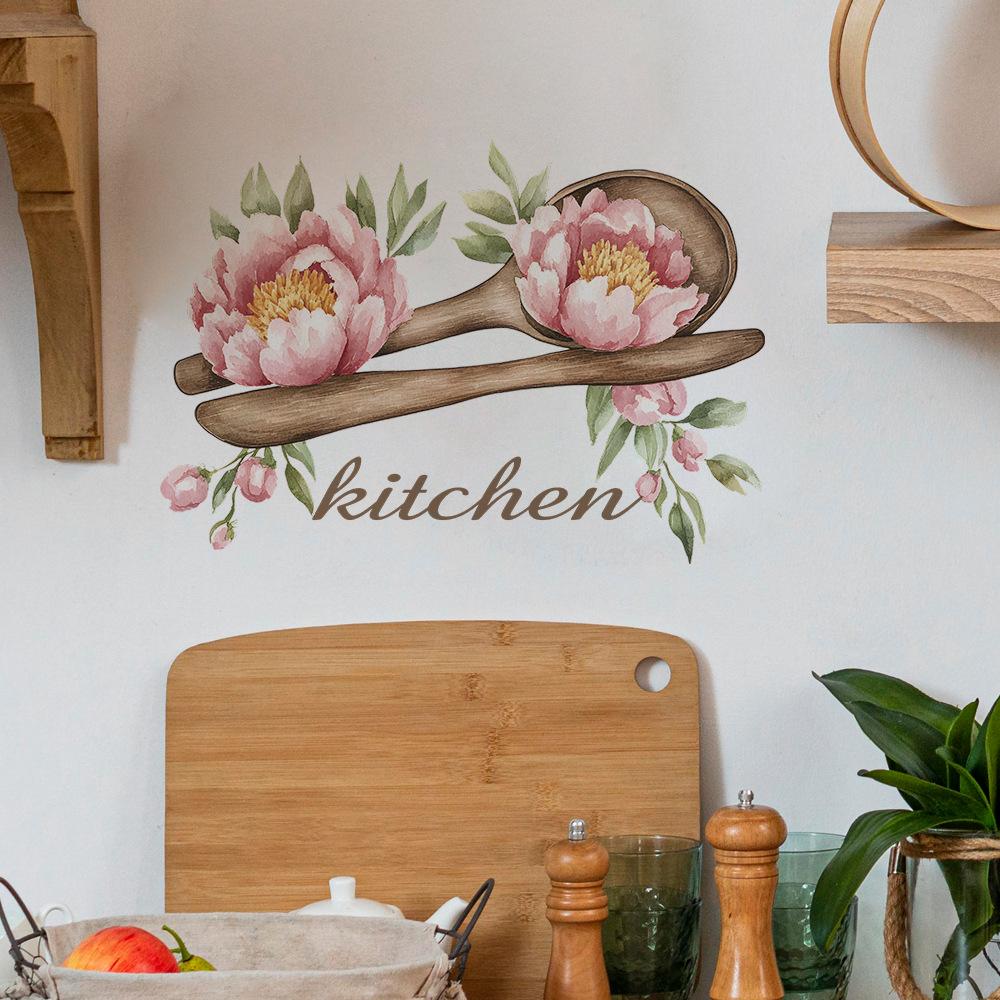 Colher de Pau Criativa Flor Slogan Inglês Cozinha, Sala de Jantar Embelezamento de Fundo para Casa Adesivos de Parede