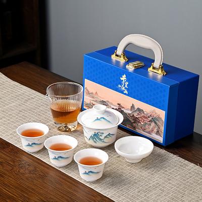 Dehua Guochaofeng Chinese Style Suet Jade Tea Set Kung Fu Complete Set Gift Box High-end White Porcelain Gifts