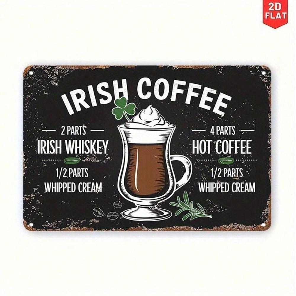 Vintage Irish Coffee Recipe Metal Wall Poster, Retro Bar Decor