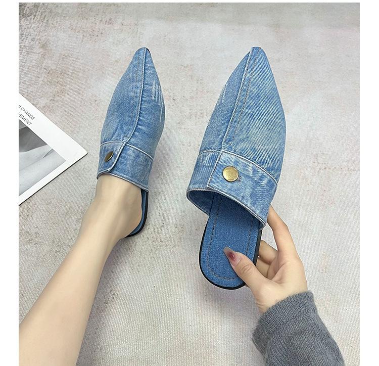 European and American washed denim flat-bottomed bag head slippers women wear large size pointed Mueller half drag single shoes wish