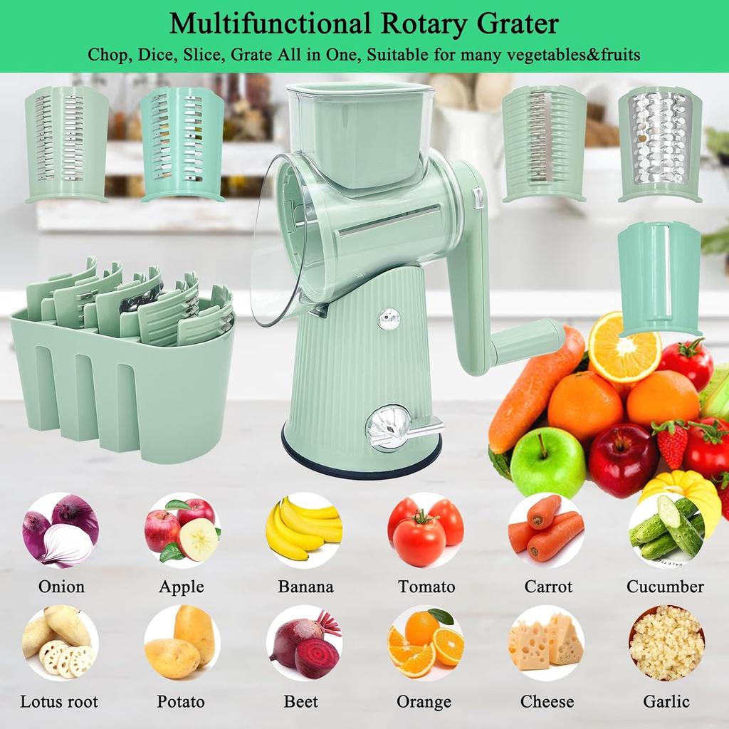 5-in-1 Rotary Cheese Grater Multifunctional Kitchen Mandoline Slicer with Handle & Strong Suction Base Replaceable Stainless Blades Cheese
