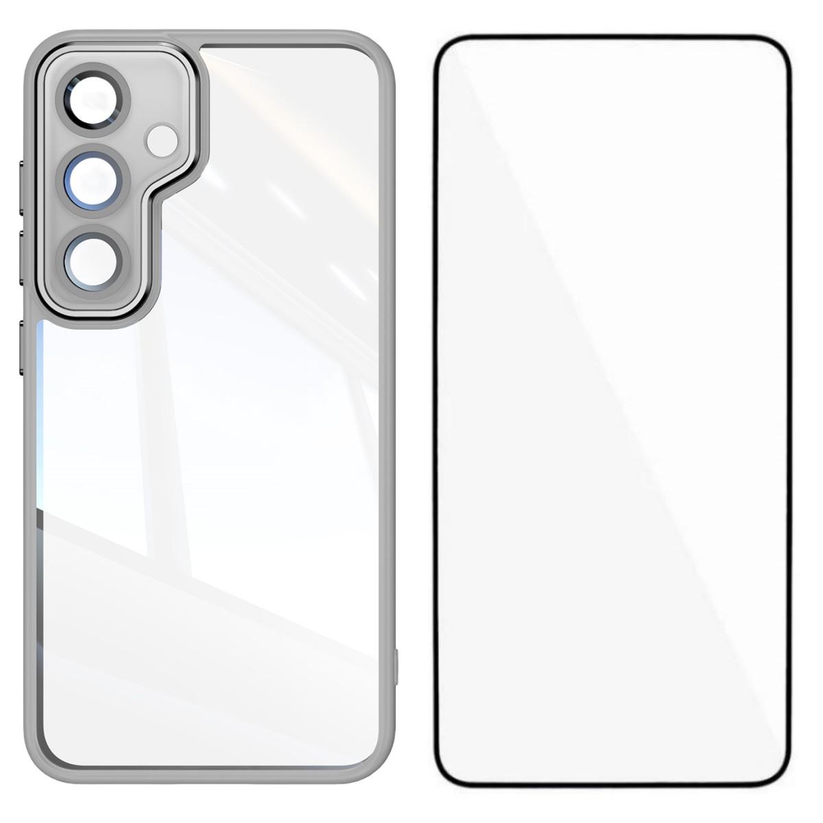 

For Samsung Galaxy S25 TPU Case WANLONFENG Shockproof Clear Phone Cover with Tempered Glass Film Grey