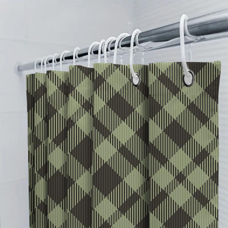 Green Plaid Shower Curtain Waterproof Bathroom Decor Large Size Print Pattern Washable Polyester Bath Mat