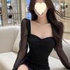High-end mesh splicing square neck dress, women's pure desire style slim-fitting inner hip-wrapped short skirt