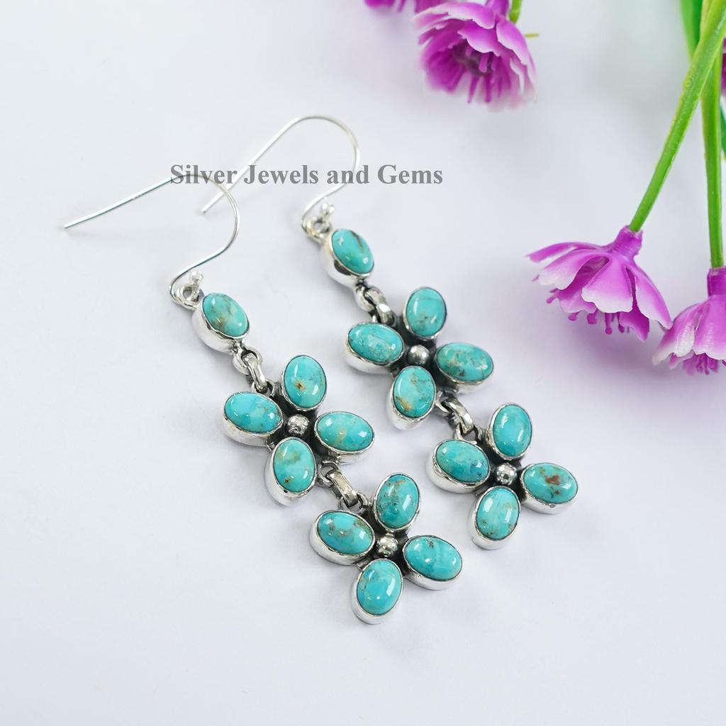 Arizona Turquoise Hanging Earrings, Dangle Earrings, 925 Sterling Silver Earrings, Flower Earring, Gift for Daughter, Birthday Earrings