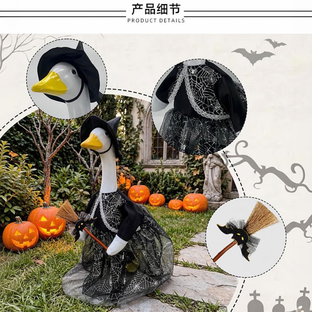 Mini Desktop Goose Set with Witch Costume Web Print Dress Hat and Broom for Decorative Display or Seasonal Tabletop Use