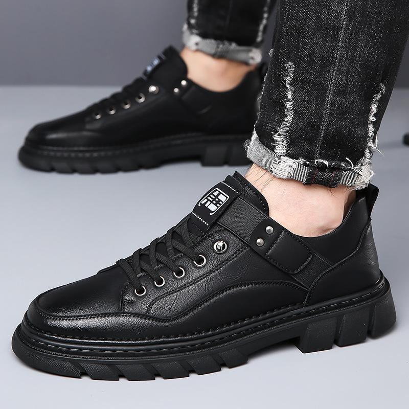 Spring Autumn New Leather Sneakers for Men Solid Color Fashion Platform Casual Shoes Man Retro Lace Business Work Shoes Male