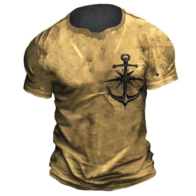 Summer Round Neck 3D Print Vintage Compass Pattern Top Fashionable Casual Short Sleeved Men's T-shirts