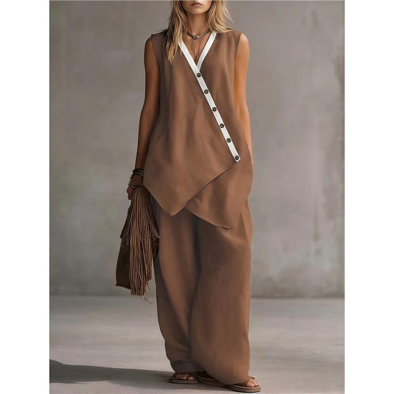 2026 spring and summer independent station European and American V-neck irregular button sleeveless vest wide leg pants casual fashion suit