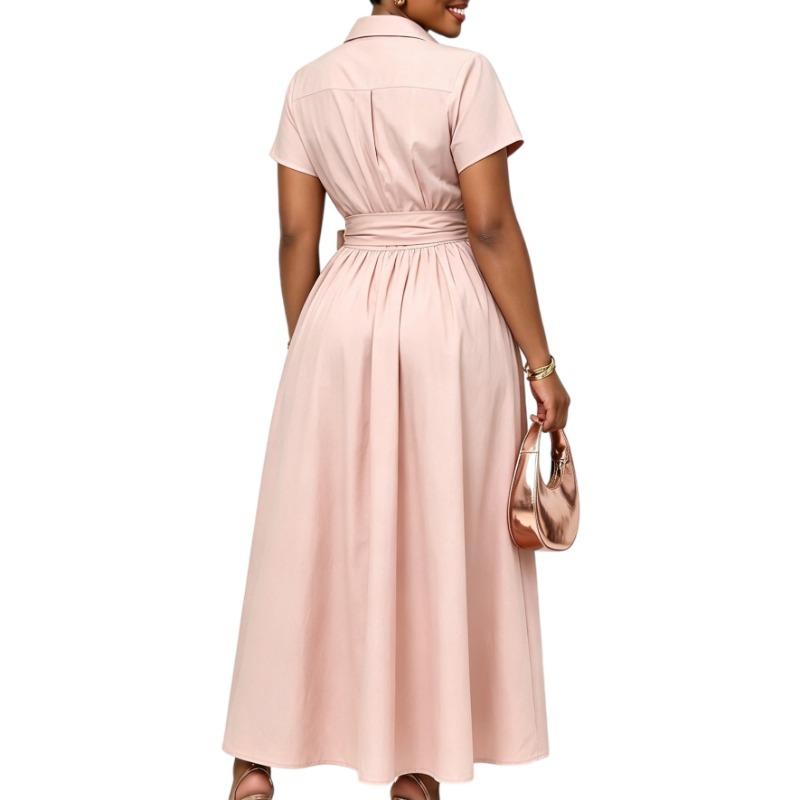 Damen einfarbiges Midi-Kleid mit Umlegekragen, kurzen Ärmeln und hoher Taille