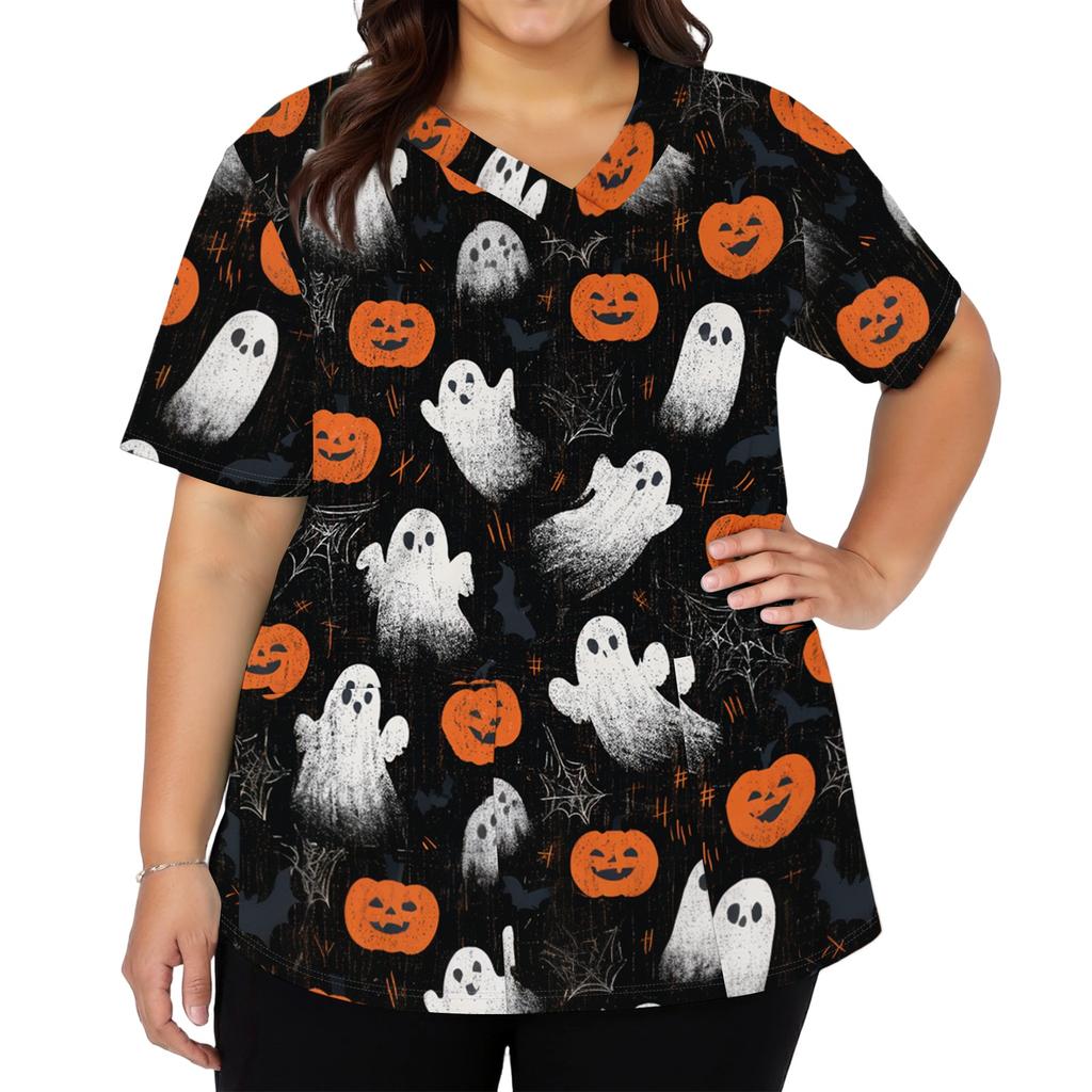 Women's V-Neck Short Sleeve Scrub Top with Pockets Halloween Print for Work