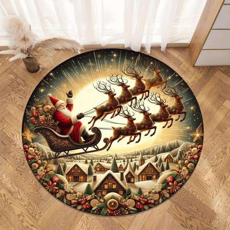 Christmas Santa Claus Round Carpet Living Room Bedroom Mat Festive Atmosphere Decorated Christmas Tree Home Rug Decoration