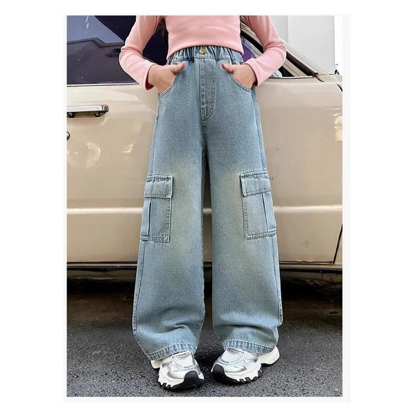 Girls Cargo Demin Pants Kids Casual Wide-legged Jeans Teenagers Fashion Streetwear Baggy Trousers Children Clothes 5-14 Years