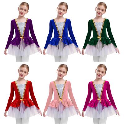 Girls Figure Skating Ballet Dance Costume Long Sleeves Shiny Sequins Patchwork Velvet Tutu Dress