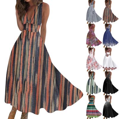 Women's Long Dress Maxi Dress Casual Dress Summer Casual Sleeveless V Neck Boho Waist Retro Printed Dress