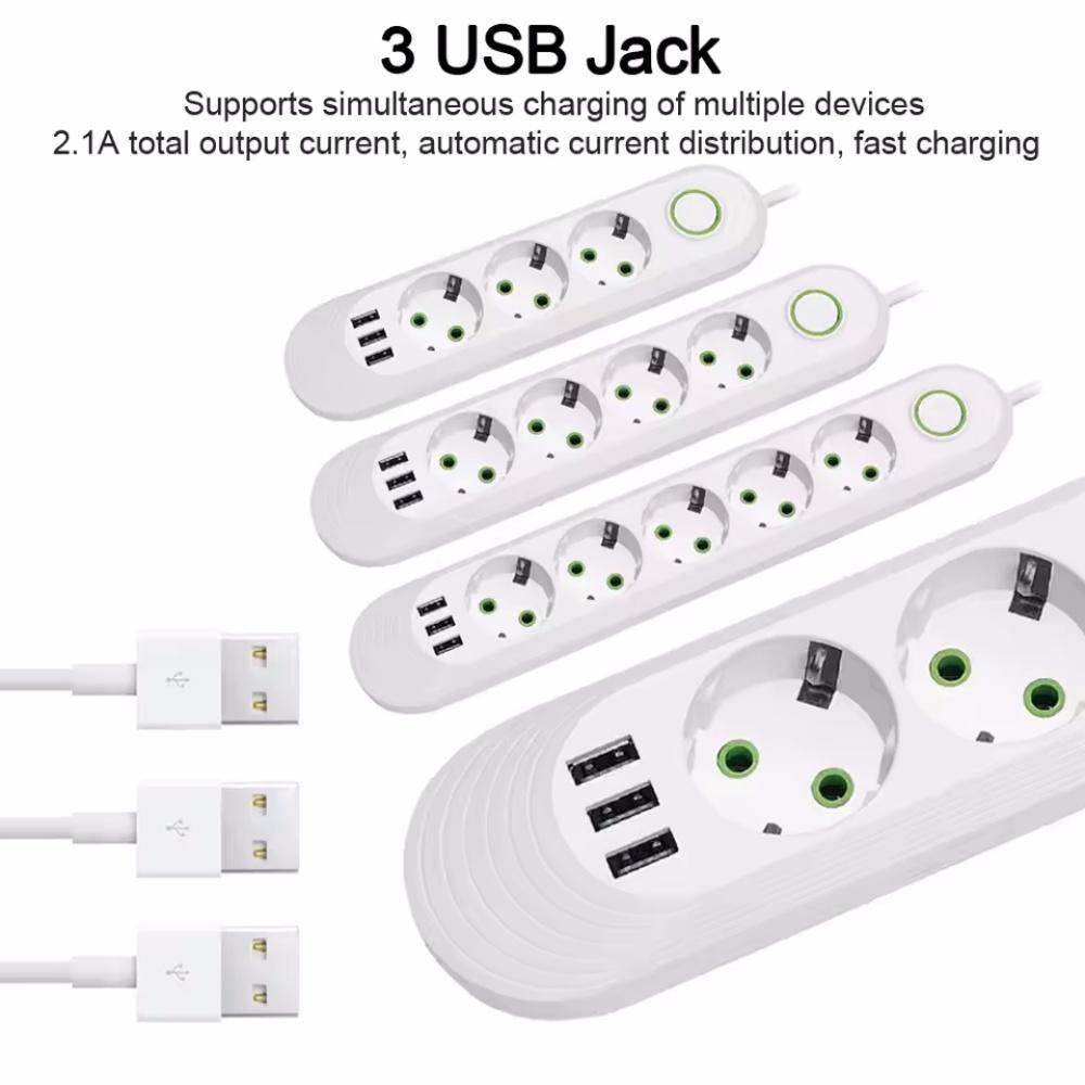1111W Power Strip with 1USB Ports EU Plug Socket 1m Extension Cable Fast Charging Round Pin AC Outlet Electrical Charger Adapter