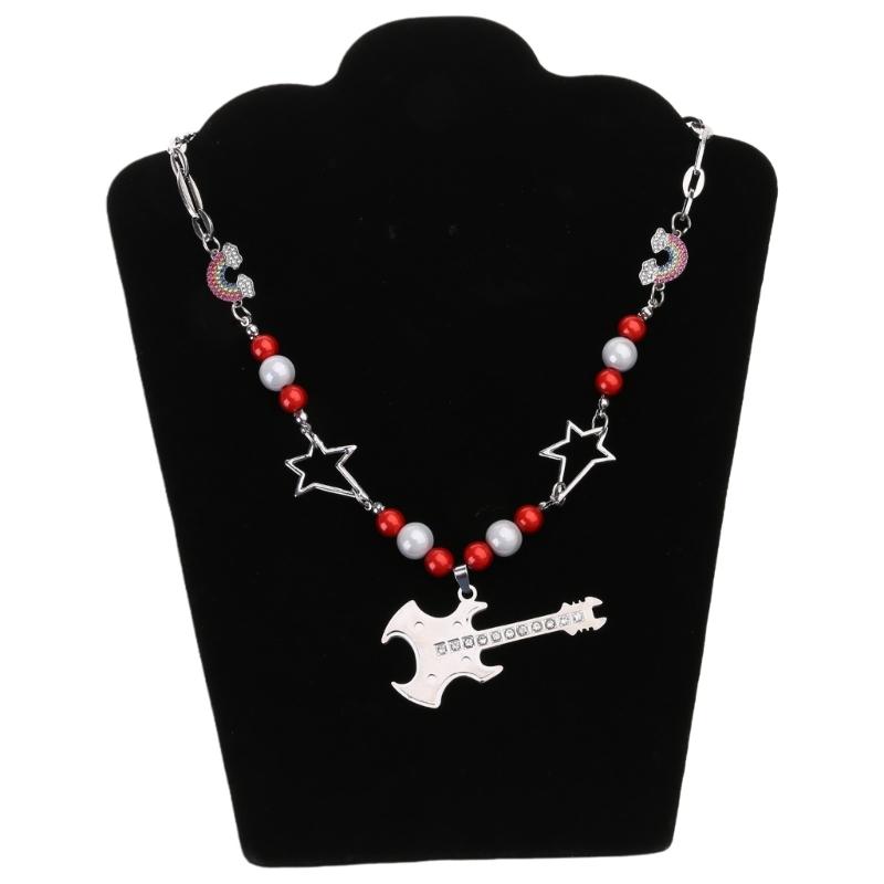 Cool Punk Guitar Pendant Necklace Hollow Star Rainbow Rhinestone Choker Collarbone Necklace Hip Hop Jewelry Y2K Choker