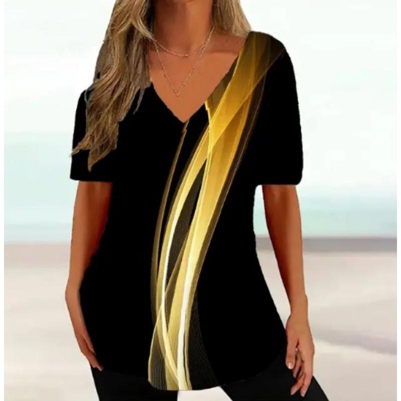 Retro Women's Ethnic Geometric Painting Harajuku T-shirt Women's Summer Casual Short Sleeve V-neck T-shirt