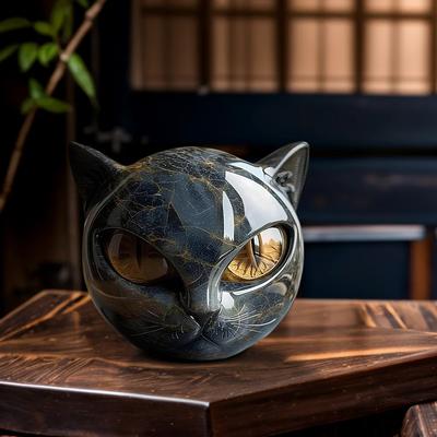Black Cats Stone Sculpture Resin Cat Head Figurine Healing Stone Marble Texture Cat Stone Halloween Home Decor For Cat Lovers