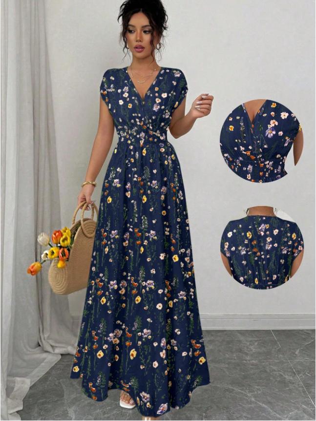 Europäisches & Amerikanisches V-Ausschnitt Schnür-Kurzarmkleid, Sommer Taillenbetonendes Langes Bedrucktes Modell für Damen