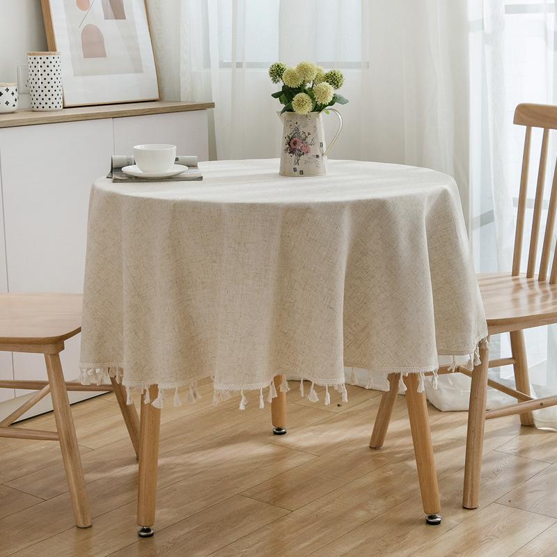 

120/150cm Round Solid Color Tablecloth Cotton Linen Fabric Dust-Proof Table Cover with Tassel For Kitchen Dinning Table Decor Round 120cm