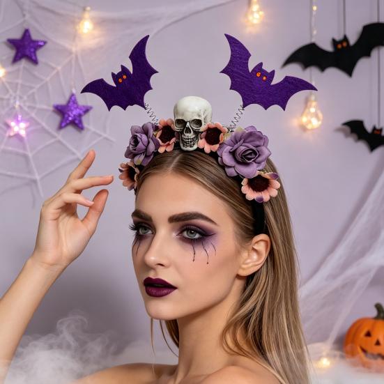 Decorative Cloth Headbands for Events Halloween Flower Skeleton Bat Headband, Gothic Floral Skull Hair Bands, Spooky Stylish Bands Accessory,