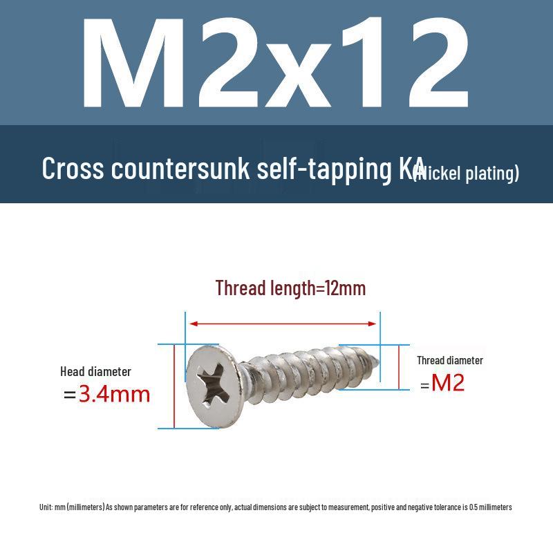 YiguYigu Nickel-Plated Phillips Flat Head Self-Tapping Screws M1-M5, Carbon Steel