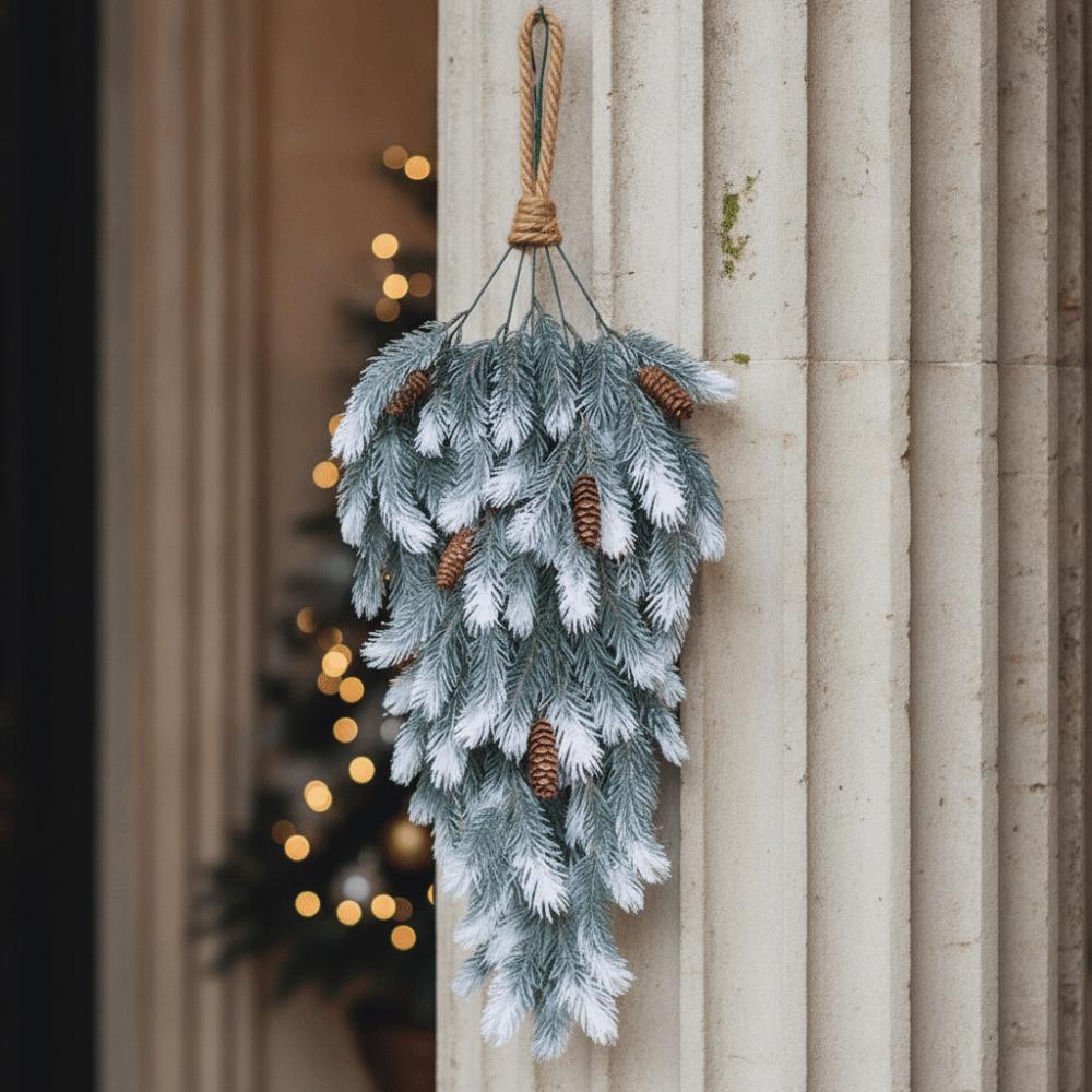Simulated Artificial Christmas Pine Branches Hanging Snowy Norfolk Pine Needles Outdoor