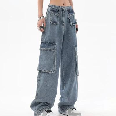 Automne Vintage bleu taille haute jean femmes Fashoin droit jambe large jean pantalon femme ample rue décontracté Denim pantalon 29651