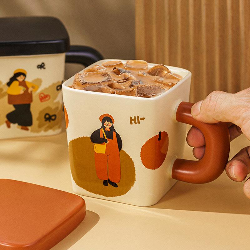 Cream Glue Square Couple Cup Ceramic Pair Mug with Lid Gift Cute Retro Boy and Girl
