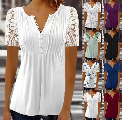 Women's Lace  Sleeve Pressure Pleat Solid Color Printed Button Short Sleeve Elegant Fashion Shirt Plus Size