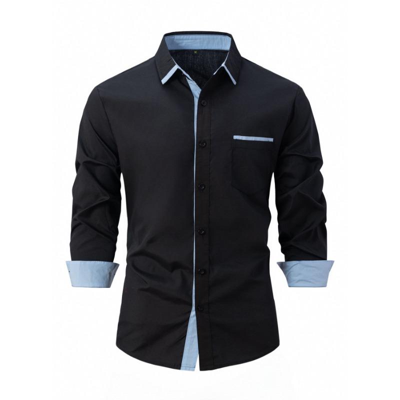 Mens Color Block Business Casual Long Sleeve Loose Fit Shirt