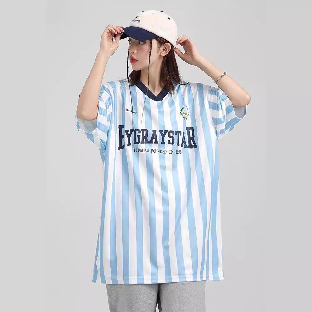 Unisex Street Sports Vertical Stripe V-neck T-shirt