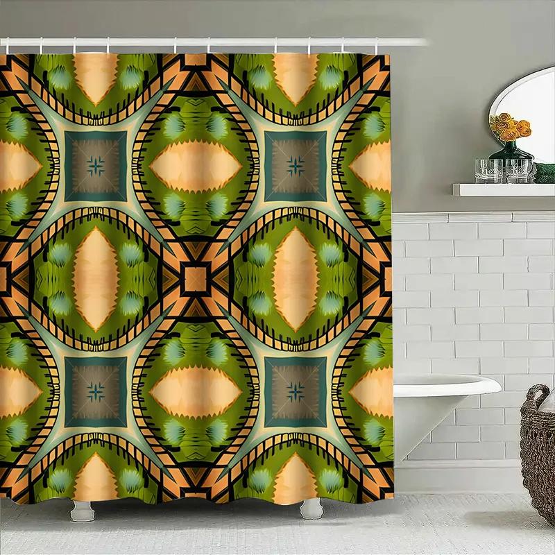 Modern Geometric Shower Curtain Decor With Symmetrical Patterns Orange Green Blue Waterproof Fabric For Bathrooms