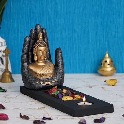 Grey Golden Resin Palm Buddha Statue Tea Light Candle Holder | Lord Buddha Idol Tea Light Holder | Diwali Decoration Items for Home Decor
