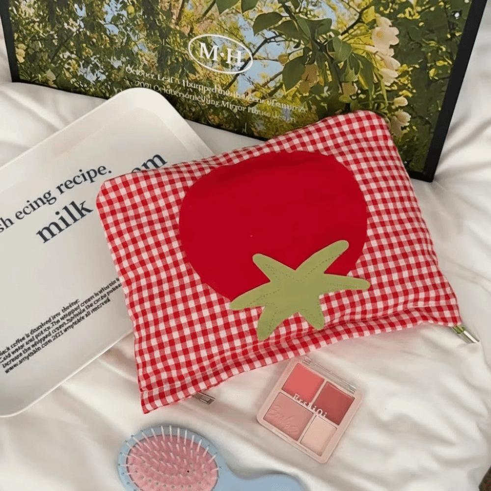 Minimalist Large Capacity Grid Cosmetic Bag Red Korean Style Women Toiletry Bag Handheld Washbag Pencil Pouch Girls