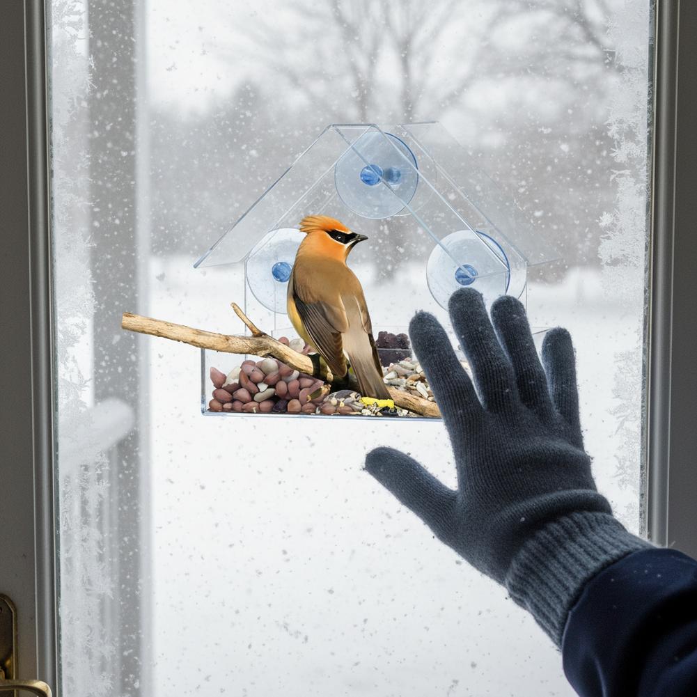 Transparent Bird Feeder Outdoor Outside Hanging Bird Feeder House with Suction Cup Sliding Automatic Birds Feed Tray for Garde