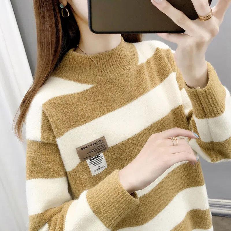 Striped Colour Blocking Chenille Sweaters Women's Autumn Winter Korean Style Loose Thickened Knitted Pullovers Large Size Casual Jumpers