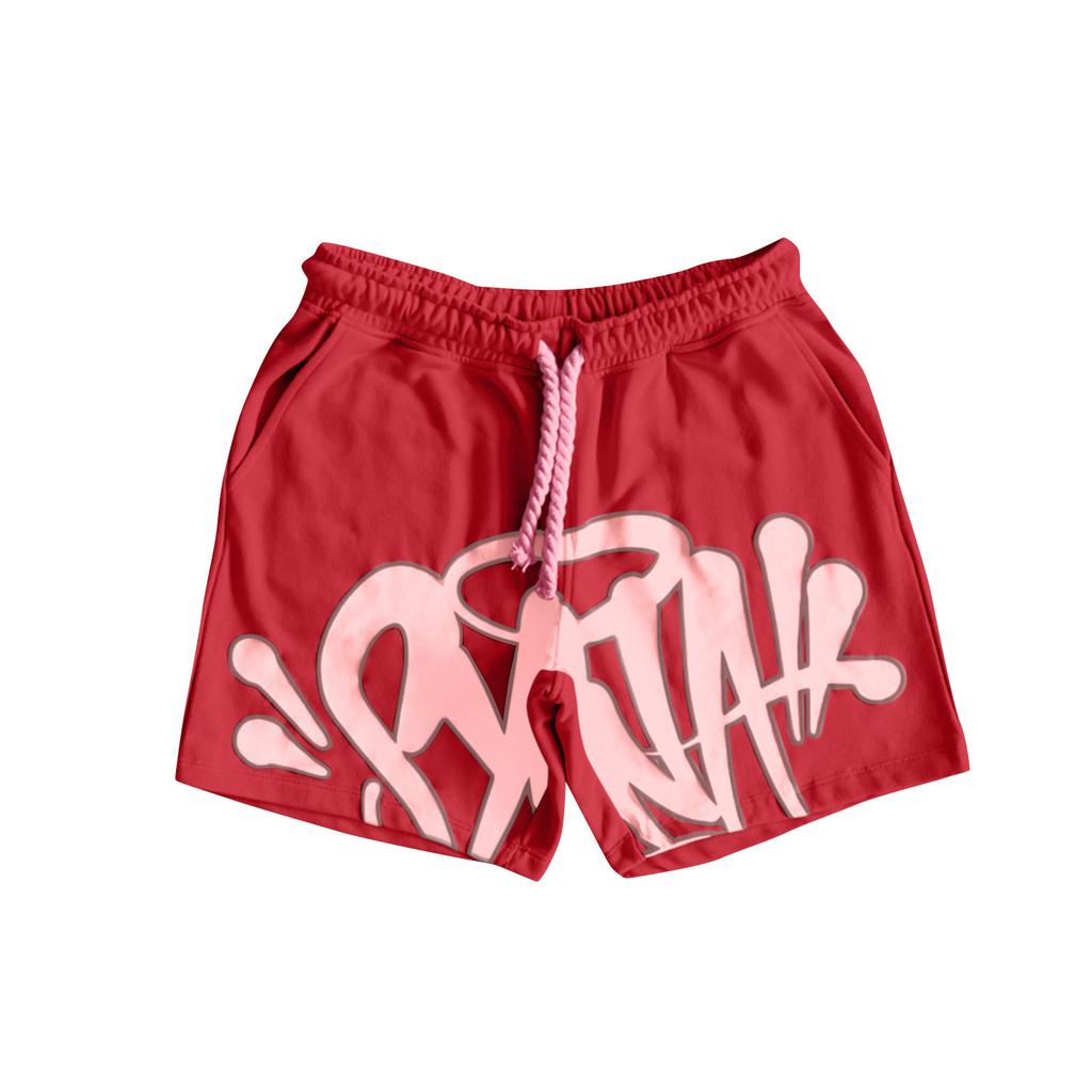 Men's Casual Print Drawstring Shorts, Lightweight Summer Beachwear, Red, Comfortable Fit